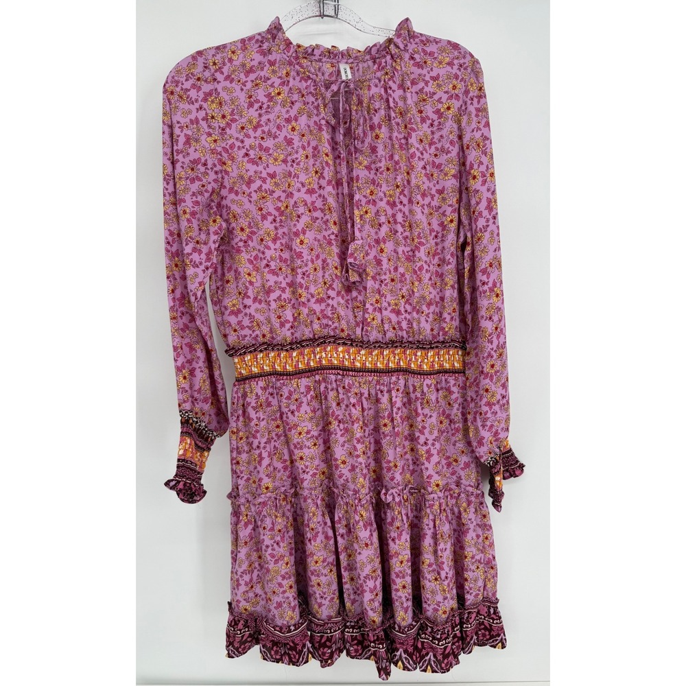 Dokotoo Pink Floral Boho Smocked Waist Tiered Mini Dress Womens Long Sleeve Sz L